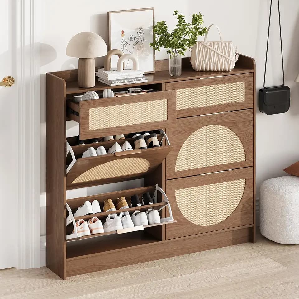 Garvee Rattan Shoe Storage Cabinet with 4 Flip Drawers & 2 Small Drawers, Narrow Freestanding Rack Organizer with Adjustable Shelves and Sleek Metal Handles – Space-Saving Entryway Storage, Oak