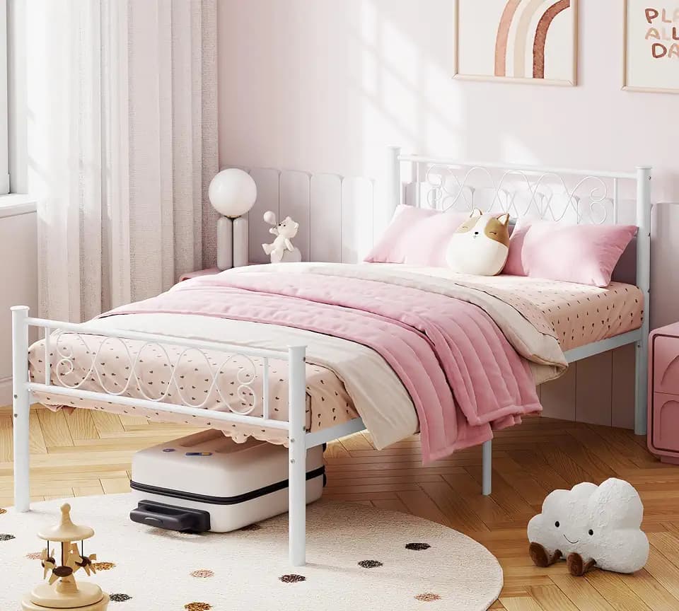 IDEALHOUSE White Metal Twin Bed Frame with Headboard & Footboard