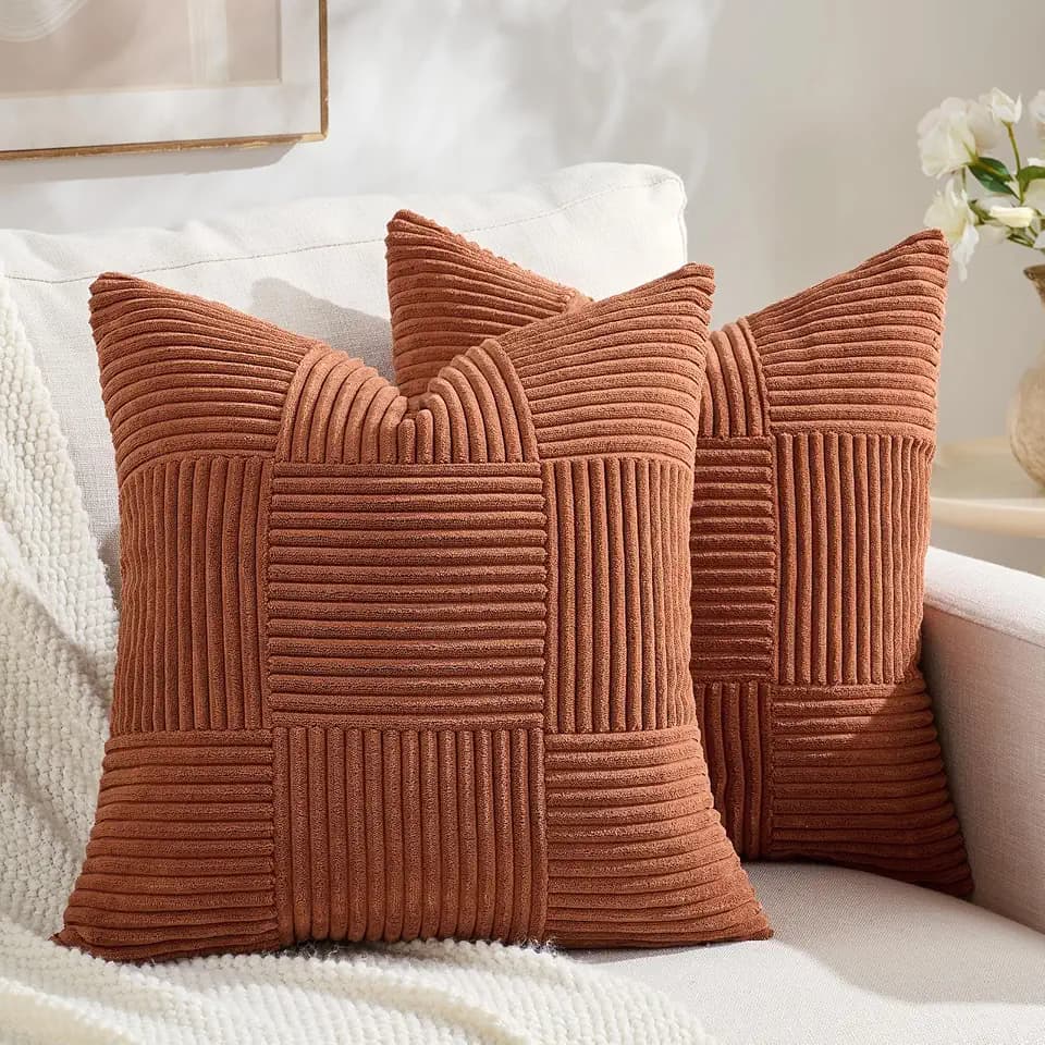 Fancy Homi Set of 2 Rust Boho Decorative Throw Pillow Covers 18x18 Inch for Living Room Bedroom Couch Bed Sofa, Modern Farmhouse Home Decor, Soft Striped Patchwork Plaid Accent Terracotta Cushion Case