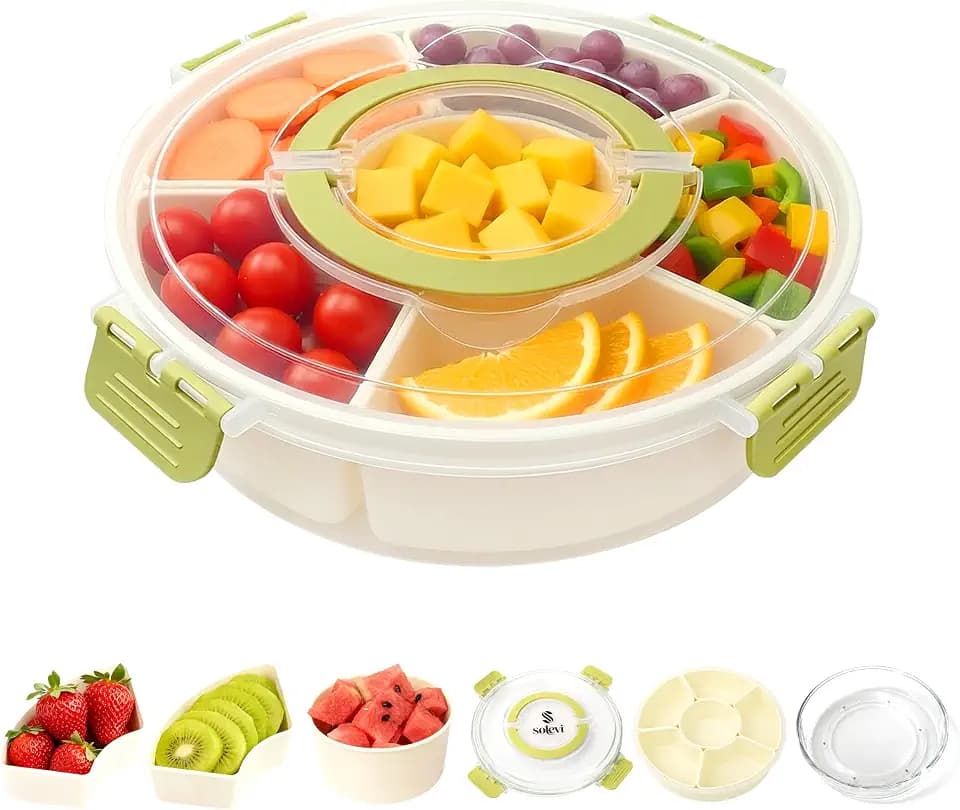 Rotating Divided Serving Tray with Lid – 10” Round Snackle Box Container with Handle – 6 Removable Compartments – Dishwasher Safe Snack Organizer