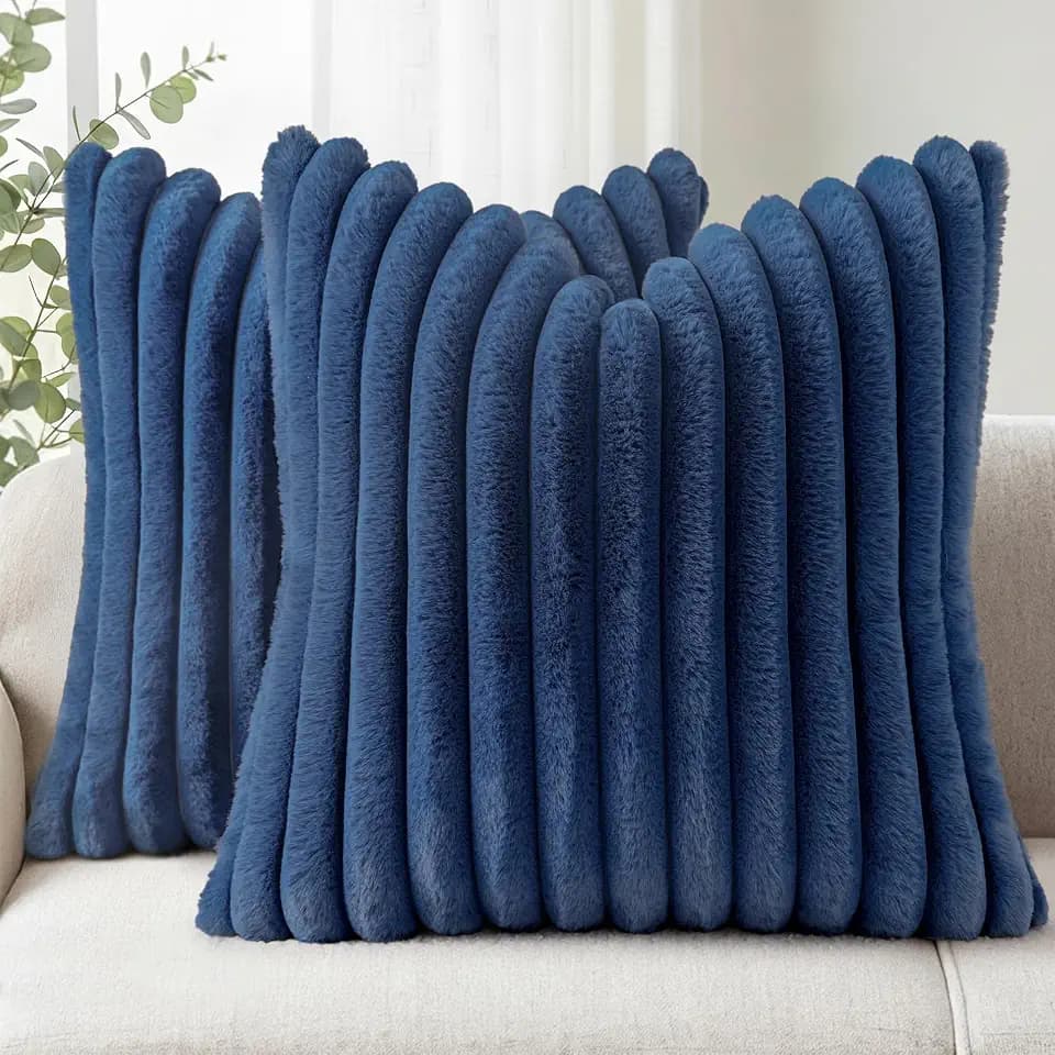 Simmore Faux Fur Striped Navy Blue Throw Pillow Covers 18x18 Set of 2