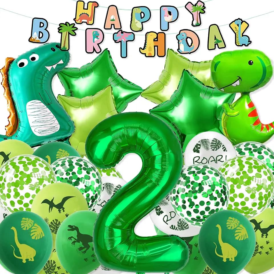 VHUWE Dinosaur 2nd Birthday Party Decor 38pcs, Number 2 Dinosaur Balloons