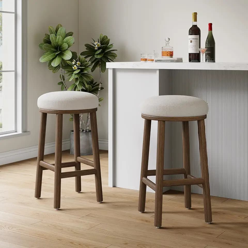 Christopher Knight Home Aubrie Counter Height Bar Stools Set of 2, Linen Fabric Round Bar Stool for Kitchen Island, Wooden Backless Dining Room Chair, Counter Stool with Footrest, Walnut+Milky White