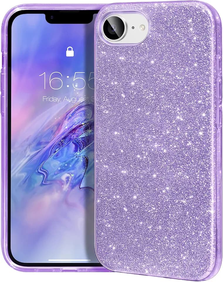 MATEPROX Compatible with iPhone 16e/17e Case, Glitter Bling 3-Layer Trendy Sparkle Protective Shockproof Anti-Scratch Cover 6.1''-Purple