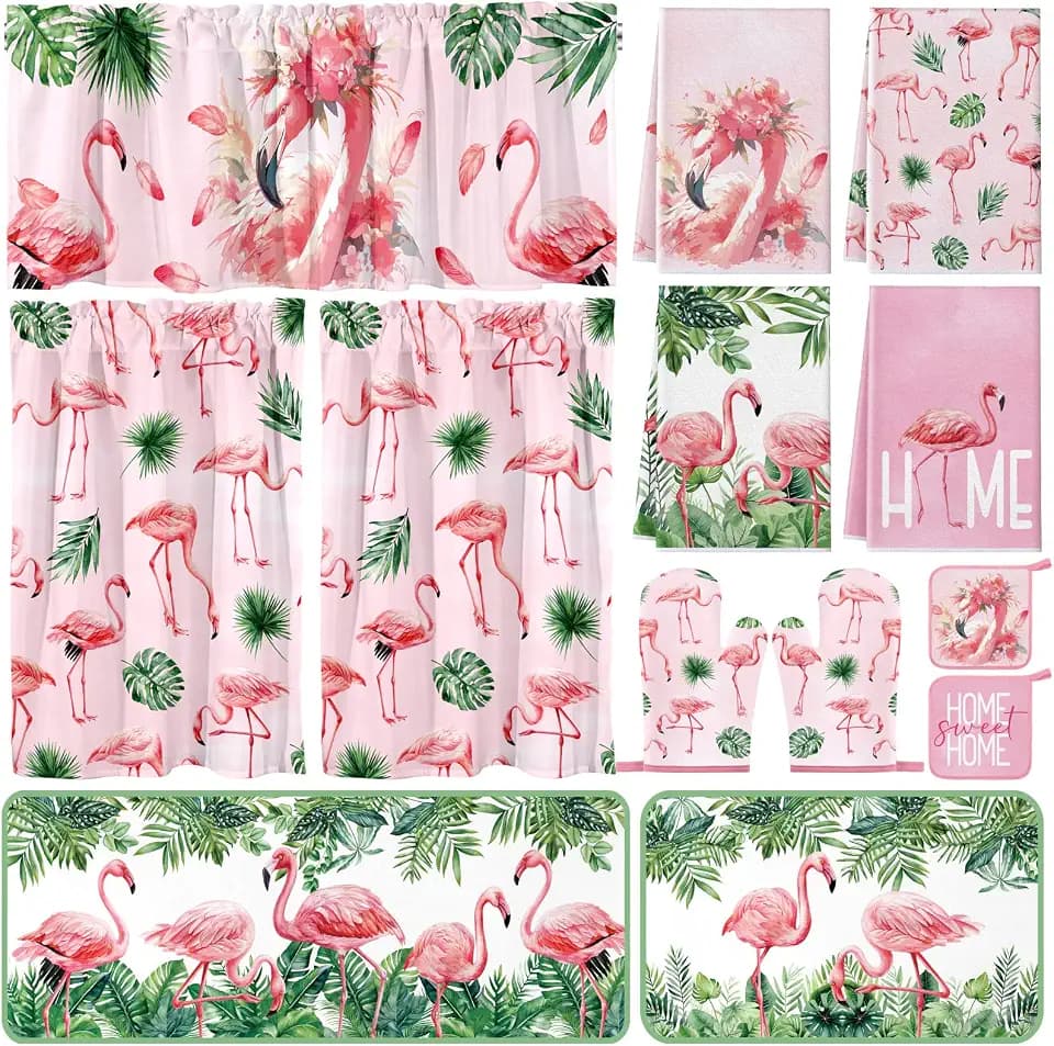 Fourluoo 13 Pcs Flamingo Kitchen Decor Set 4 Pink Kitchen Towels 2 Cute Nonslip Rugs and Mats 3 Summer Curtains Valance 2 Pot Holders 2 Oven Mitts for Home Decoration Women Mom Daughter Cooking Gift