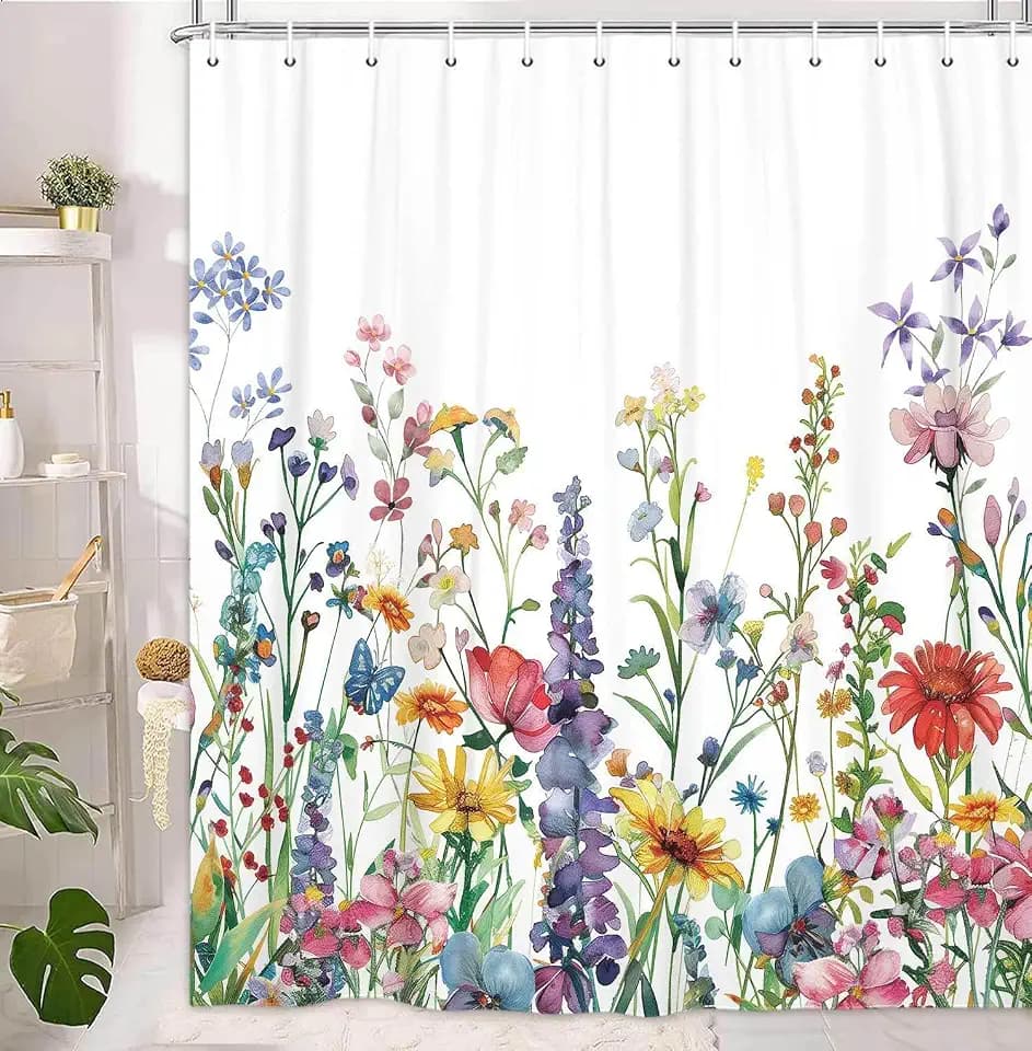 Farmhouse Rustic Boho Floral Shower Curtain, Colorful Watercolor Wildflower Flower Botanical Shower Curtain, Minimalist Aesthetic Floral Shower curtains for bathroom, with Hooks, 60X70IN(White )