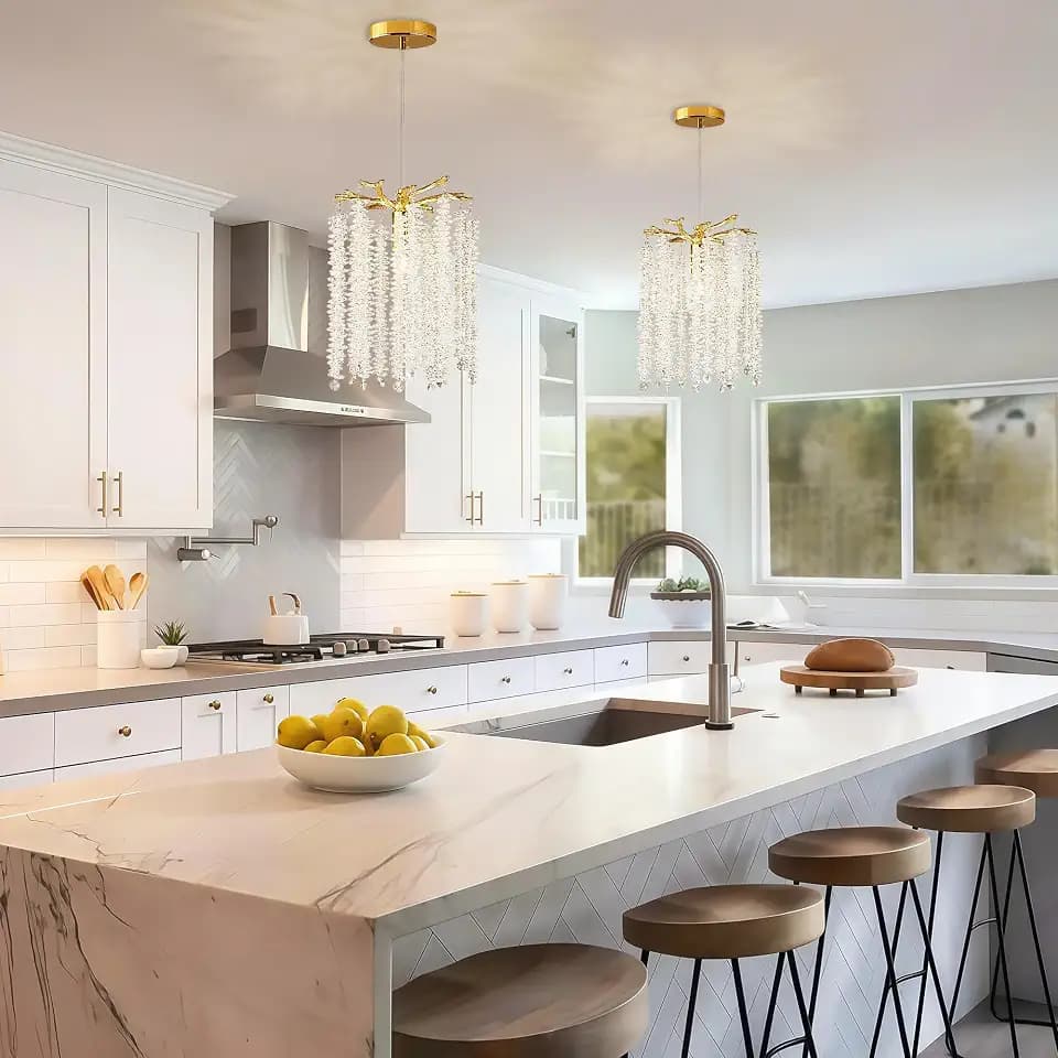 Gold Crystal Pendant Light for Kitchen Island, Luxury Branch Chandelier Lights Fixture, Modern Elegant Adjustable Pendant Lighting for Dining Room Bedroom, E12 Bulb, L8'' x H11''