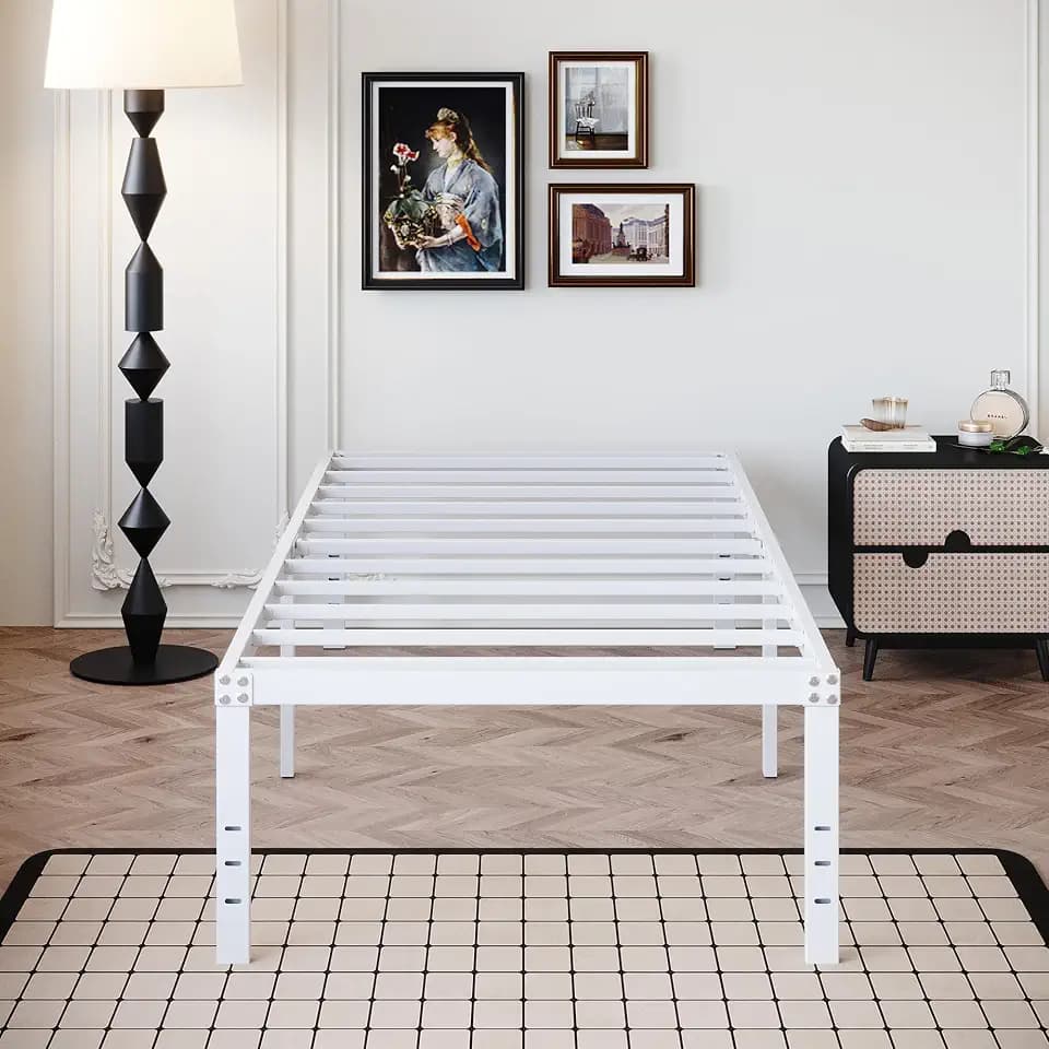 DiaOutro 18 Inch White Twin XL Bed Frame Heavy Duty Metal Platform