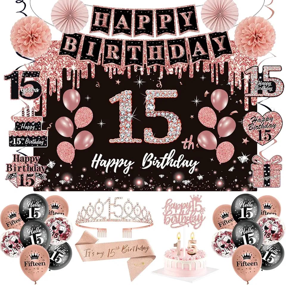 51Pcs 15th Birthday Decorations for Girls,Rose Gold Black Pre-Assembled Set