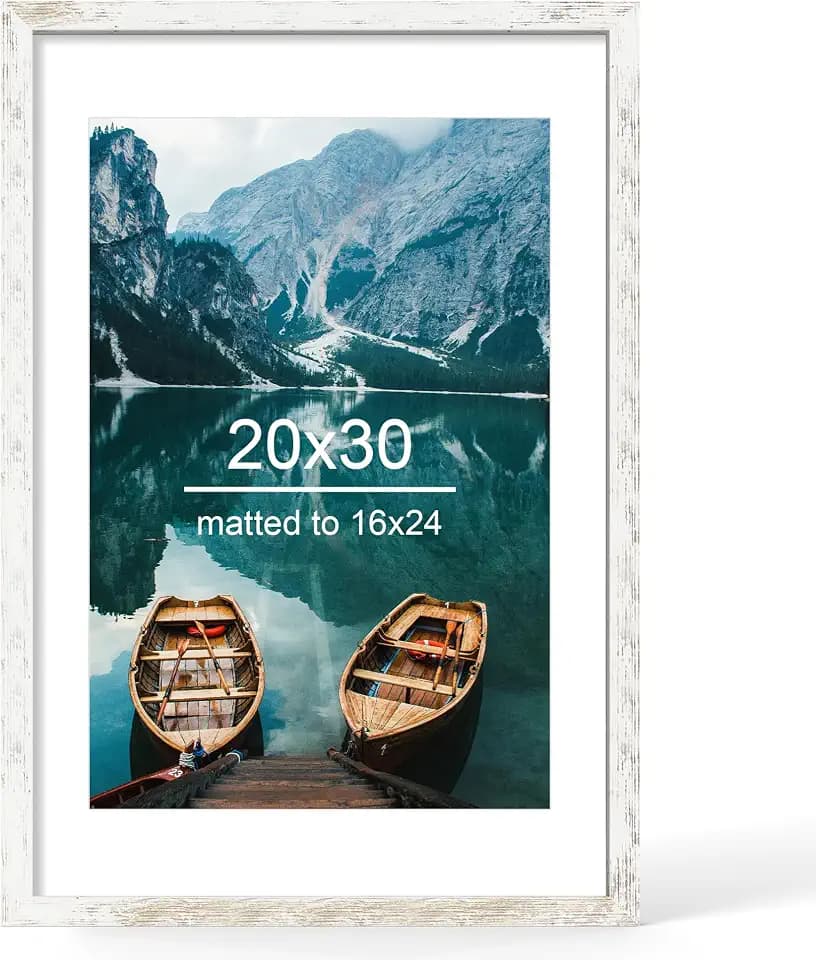 Hongkee 20x30 Picture Frame, Distressed White Wood Style, Wall Mounting