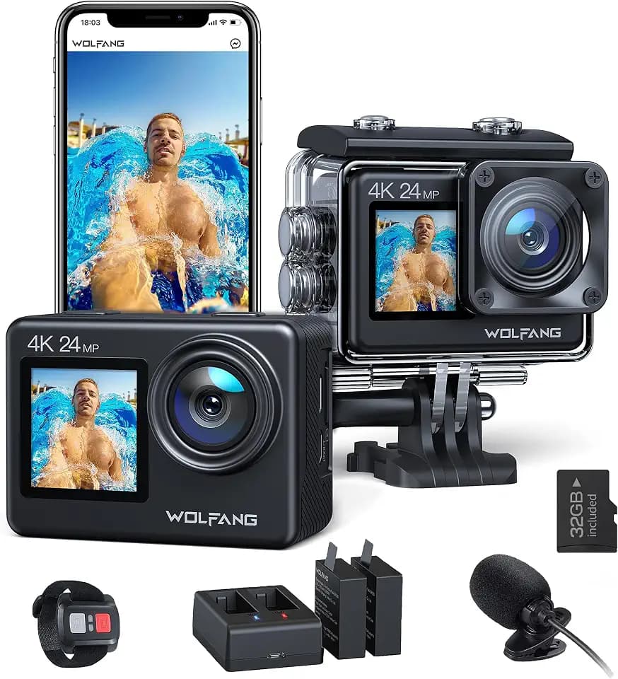 WOLFANG GA200 Action Cam 4K 24MP Unterwasserkamera WiFi 40M wasserdichte EIS Bildstabilisator Touchscreen Helmkamera 170° Weitwinkel Camcorder (Ladegerät, 2 Akkus und Zubehör Kit)