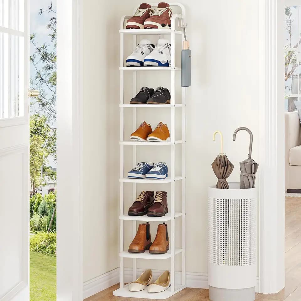 Hzuaneri 8 Tiers Vertical Shoe Rack, Tall Shoe Shelf with 2 Hooks
