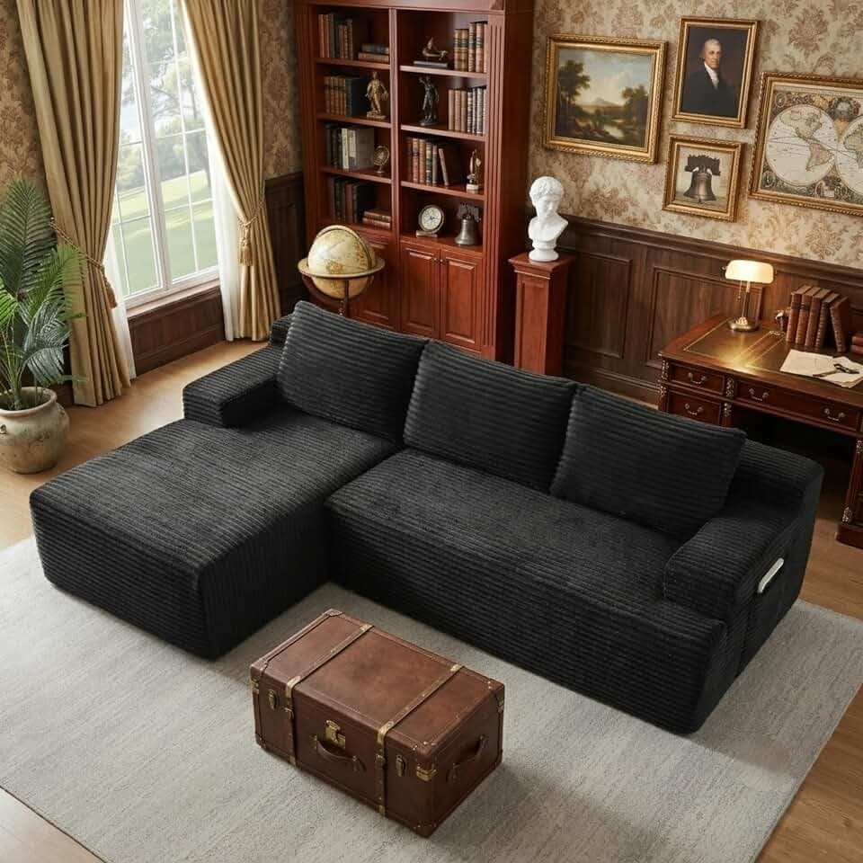 96" Corduroy Sectional Sofa Boneless Couches for Living Room - L Shaped Compressed Cloud Couch with Left Facing Chaise Lounge and Side Pockets