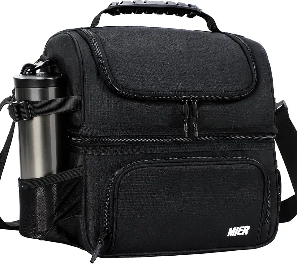 MIER Lunch Box for Men - Dual Compartment Adult Lunch Bag for Work, Black