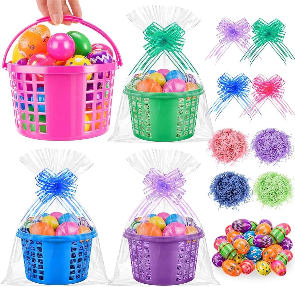 12 Sets Easter Baskets Bulk Plastic Handle Round Easter Bunny Bucket Bags with Grass Plastic Bunny Egg Clear Gift Bags Ribbons Bows for Spring Gift Decorations Hunting Picnic Party Favors
