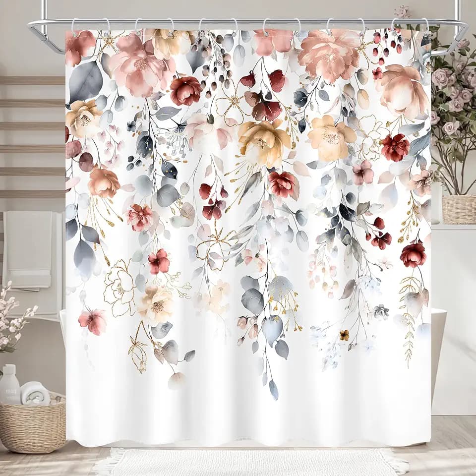 Floral Coral Pink Colorful Blue Eucalyptus Bathroom Shower Curtain Set