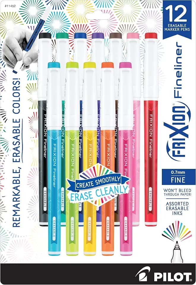 PILOT FriXion Fineliner Erasable Marker Pens, 0.7mm, Assorted, 12-Pack