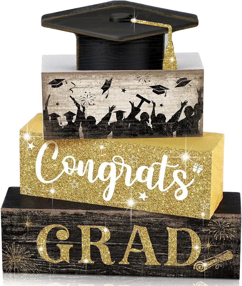 CroBlissful 4 Pcs Congrats 2026 Graduation Table Decorations Graduation Tiered Tray Decorations Black Gold Class of 2026 Wooden Block Centerpiece Sign Farmhouse Congratulate Gifts for Home Shelf
