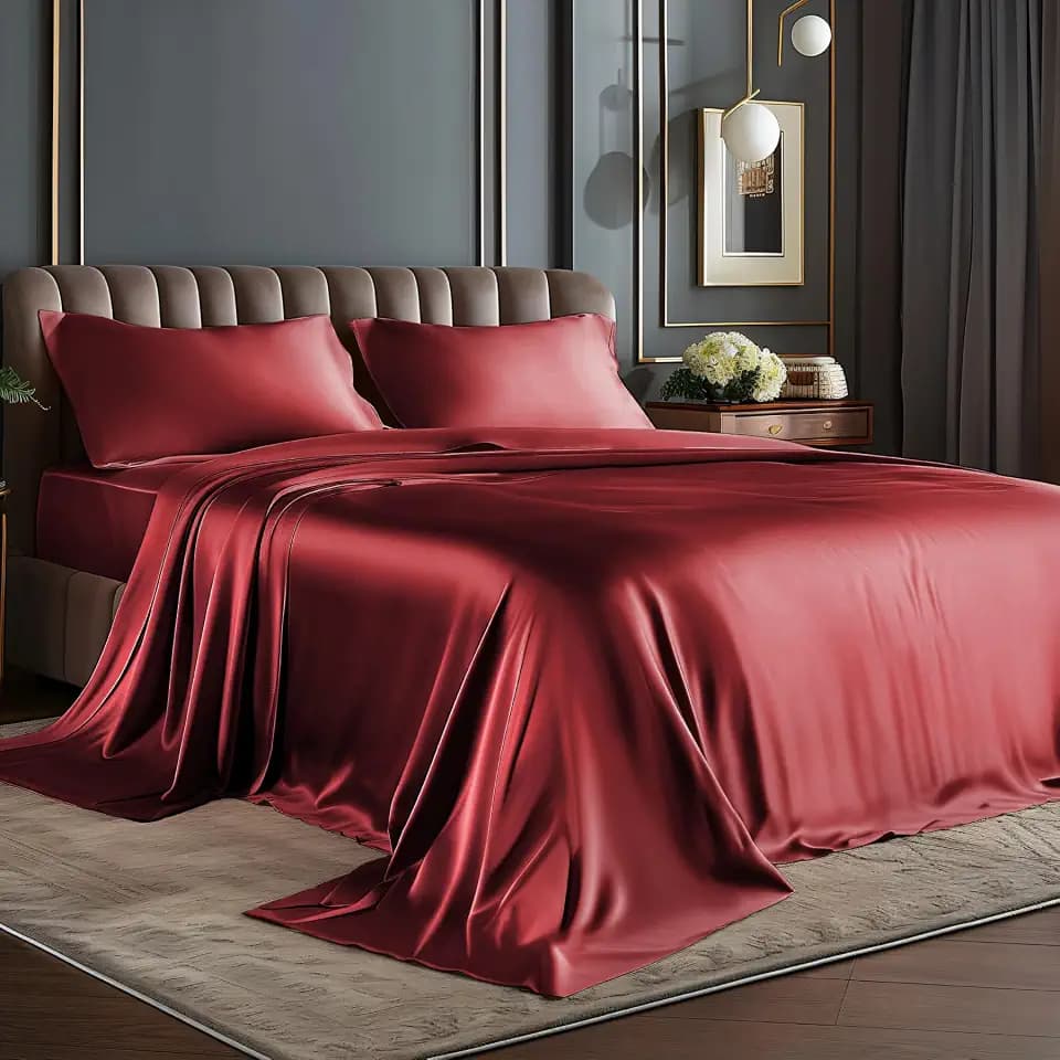 BEDELITE Satin Sheets Full Size Bed Set, Burgundy, 4 Pieces