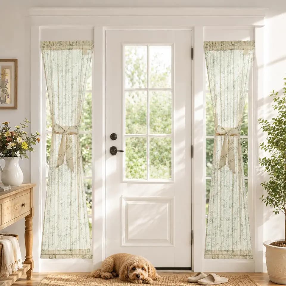 jinchan Green Linen Floral French Door Curtains 72 Inch Rod Pocket 2 Panels