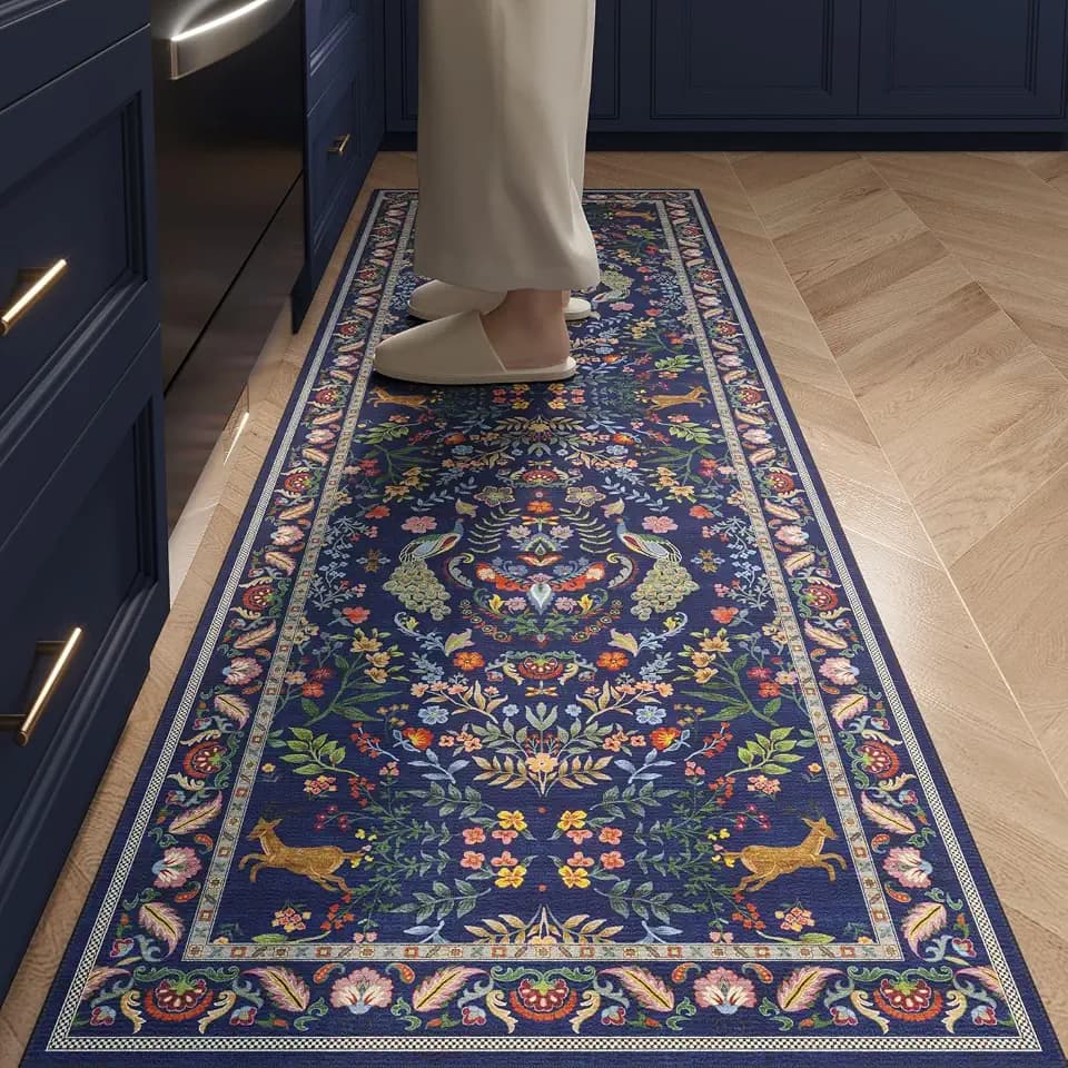Rugcomf Runner Rug 2x5 Floral Washable Non Slip, Blue