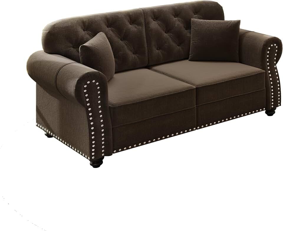KEIKI 63" Velvet Chesterfield Sofa with Rolled Arms & Nailhead Trim & 1 Ottoman, Modern 2-Seater Button Tufted Couch with High Resilience Cushion & 2 Pillow, Easy Assembly, for Living Room, Brown