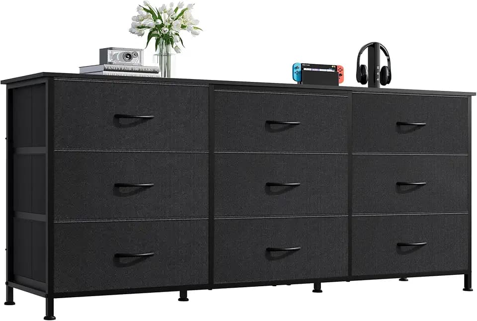WLIVE Dresser TV Stand for 65 Inch TV, 9 Drawer Dresser for Bedroom, Black