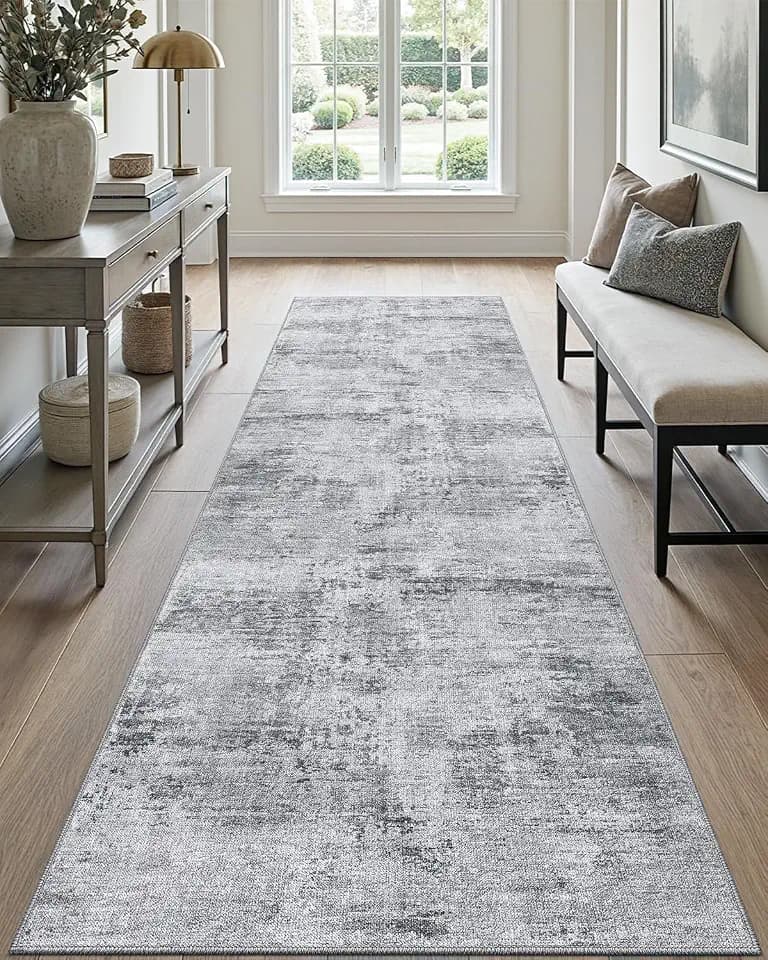 DEXI 3x10 Abstract Hallway Runner Rug Washable Non Slip Backing, Light Grey