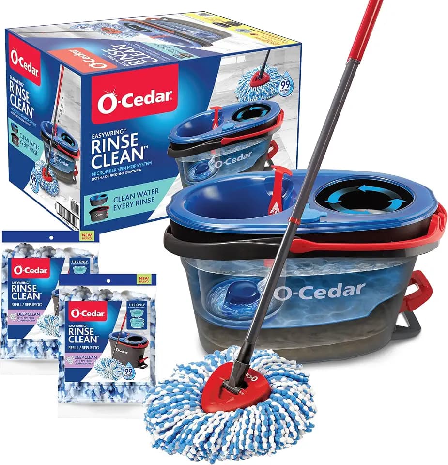 O-Cedar RinseClean Spin Mop & Bucket System | Microfiber Floor Cleaning System | Includes 3 Mop Heads (1 Standard+ 2 Deep Clean Refills) | Machine Washable & Reusable