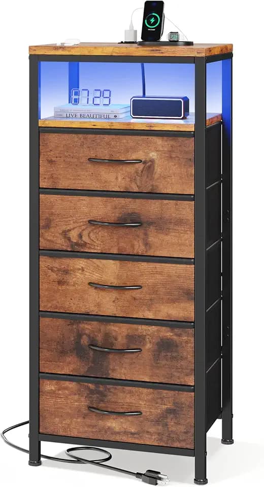 OLIXIS Nightstand with Charging Station, 5 Fabric Drawers Bedside Table