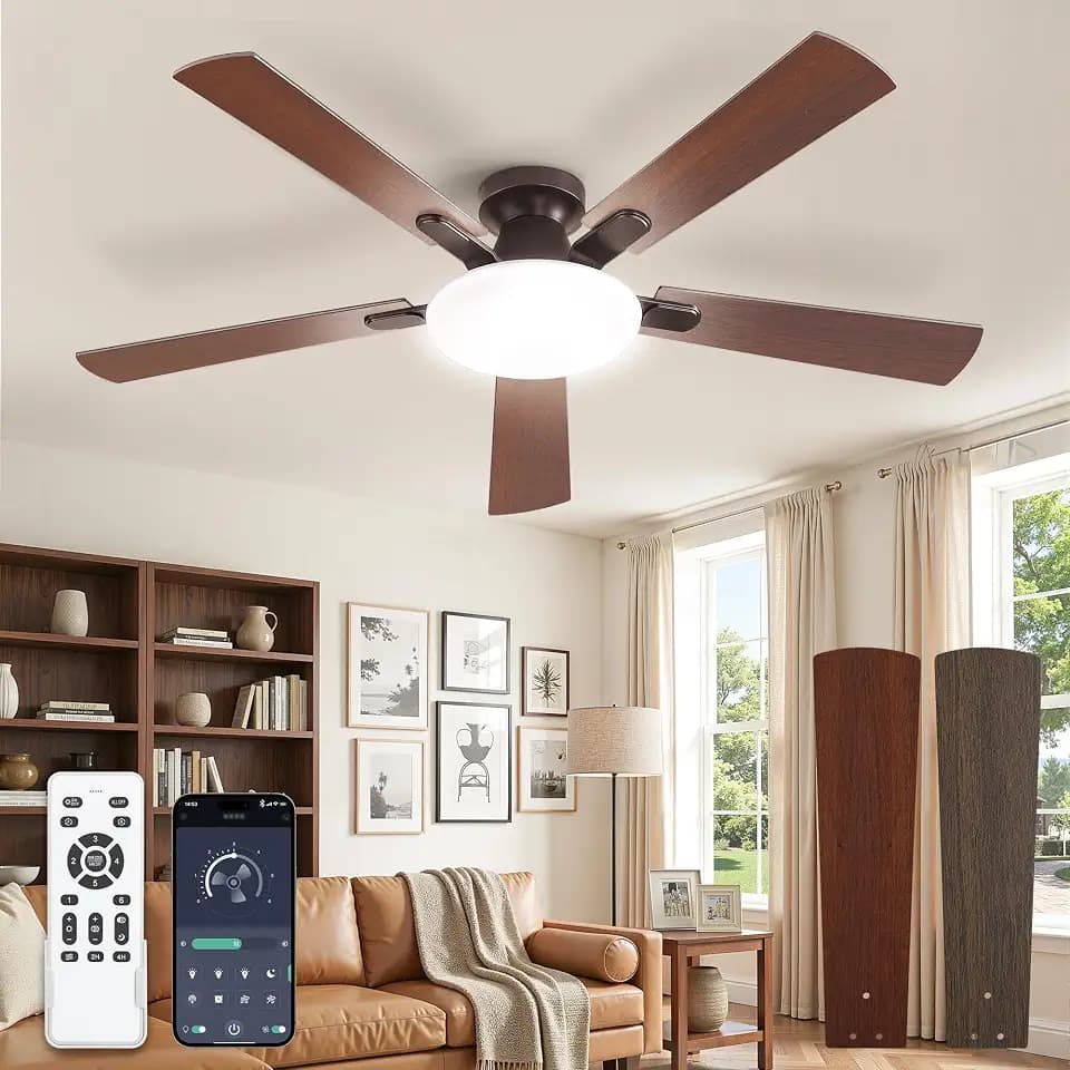 52 Inch Ceiling Fan with Lights and Remote, 30W 12" LED Panel Flush Mount Ceiling Fan, 6-Speed Quiet DC Motor Modern Low Profile Ceiling Fan with Reversible Blades for Bedroom, Living Room, Patio