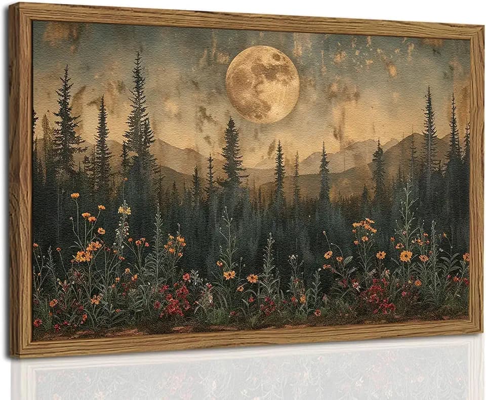 Vintage Nature Forest Wall Art Dark Moon Landscape Painting Wall Decor Woodland Picture Artwork 3D Textured Hand Drawn Sandstone for Farmhouse Bedroom Living Room 24x36 inch Wood Framed