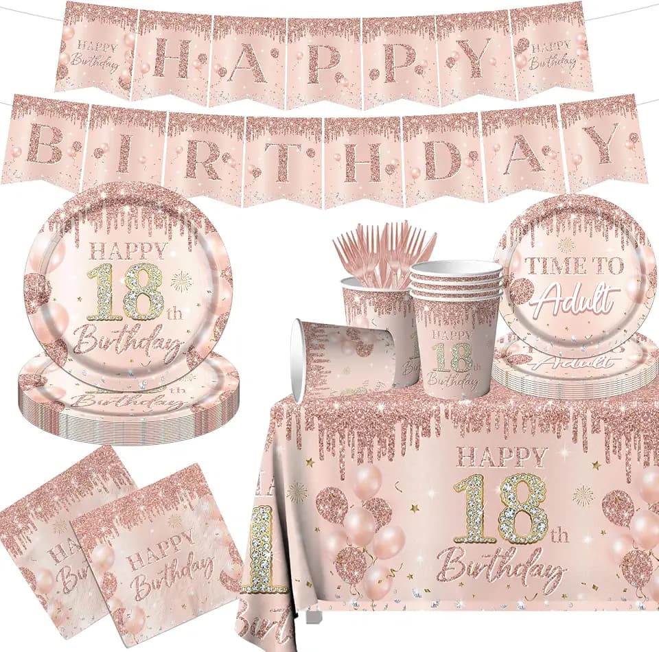 18th Birthday Decorations For Girls,142pcs Rose Gold Birthday Tableware 18th Birthday Plates and Napkins Tablecloth Supplies For 18th Birthday Decorations Girl Time To Adult Supplies