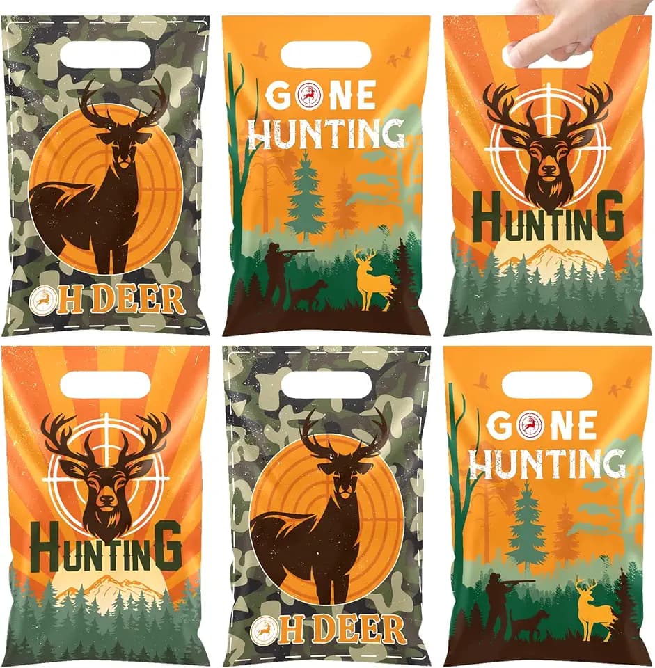 60 PCS Hunting Party Gift Bags, Deer Hunting Party Favors Bags Waterproof Plastic Goodie Bags for Hunting Birthday Party Decorations Supplies Gifts