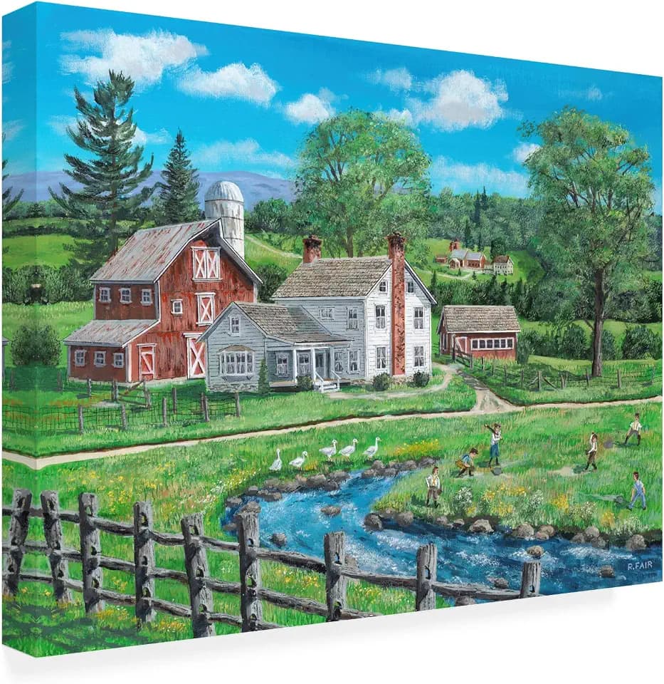 Wrapped Canvas Wall Art - Bob Fair 'The Farm League' Wall Art for Living Room, Bedroom, or Office Décor - 19 x 14 Inches - 19x14