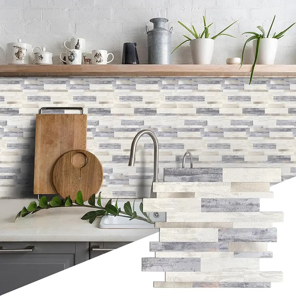 Yew & Tulip Peel and Stick Backsplash Wall Tile, 10-Sheet Metal PVC Mosaic Tiles for Kitchen Backsplash, Beige Wood Grain PVC Mixed Metal Self Adhesive Mosaic Tile (10 PCS/Box, Beige Strip)