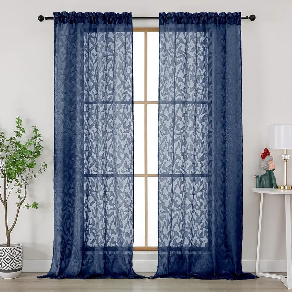 Gwine Sheer Curtains 96 Inches Long 2 Panels Set, Light Filtering Clip Jacquard Textured Curtain for Living Room Bedroom, Soft Airy Rod Pocket Farmhouse Curtains, Navy Blue, 42" Wx96 L Inch, 2PCS