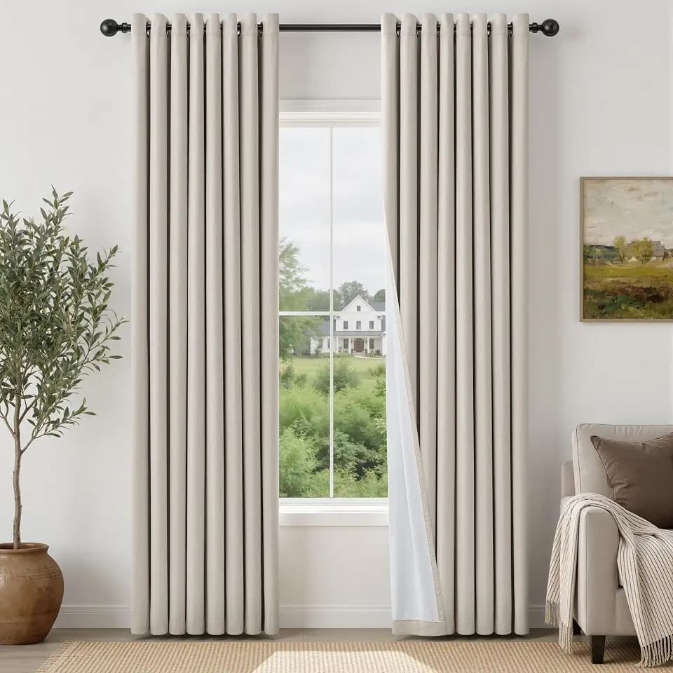 Complete Blackout Natural Grommet Linen Curtains 94 Inch Long 2 Panels Set