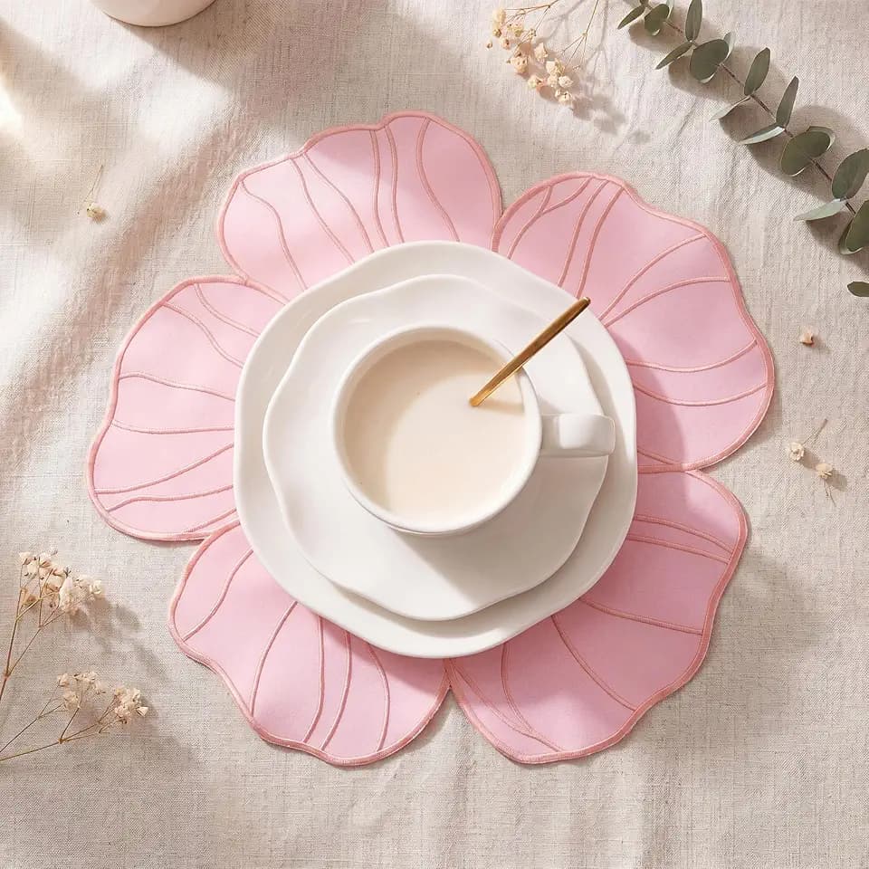 Set of 6 Elegant Floral Placemat 16'' Flower Shaped Place Mat, Pink