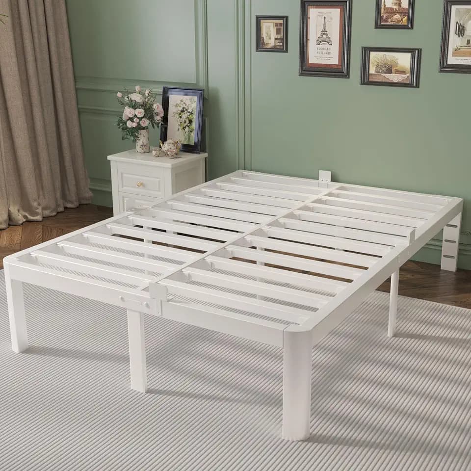 14 Inch King Bed Frame with Metal Gasket, White Platform Bed Base