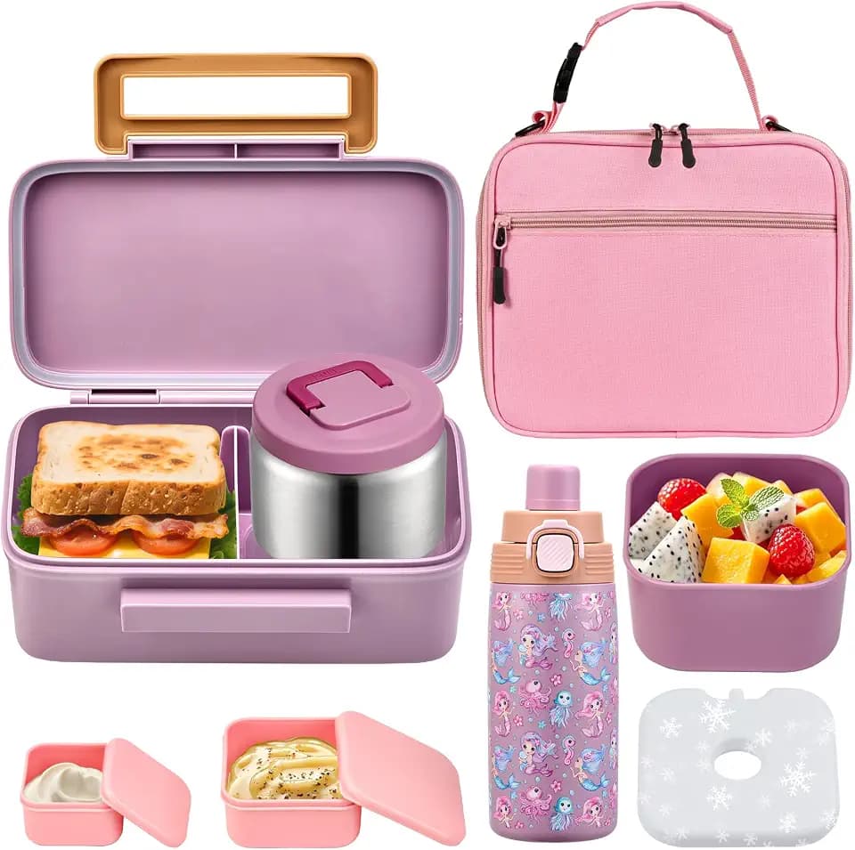 PIQUEBAR Kids Lunch Box with 8oz Thermo, Leakproof Bento Box Insulated Bag, Insulated Water Bottle, Food Lunch Container for Girls Boys (Pink Mermaid)