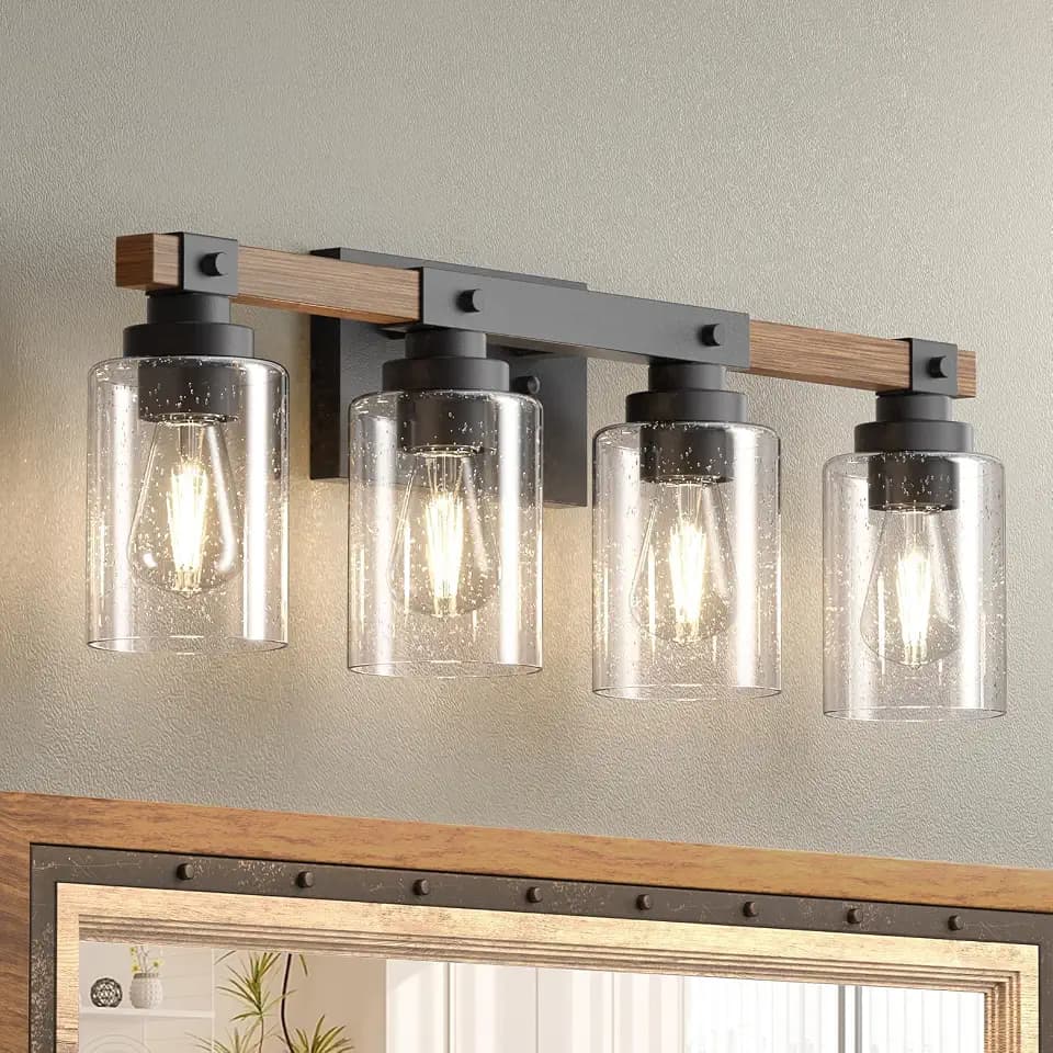 Amico 4-Light Farmhouse Bathroom Vanity Light, Seeded Glass, Black & Wood