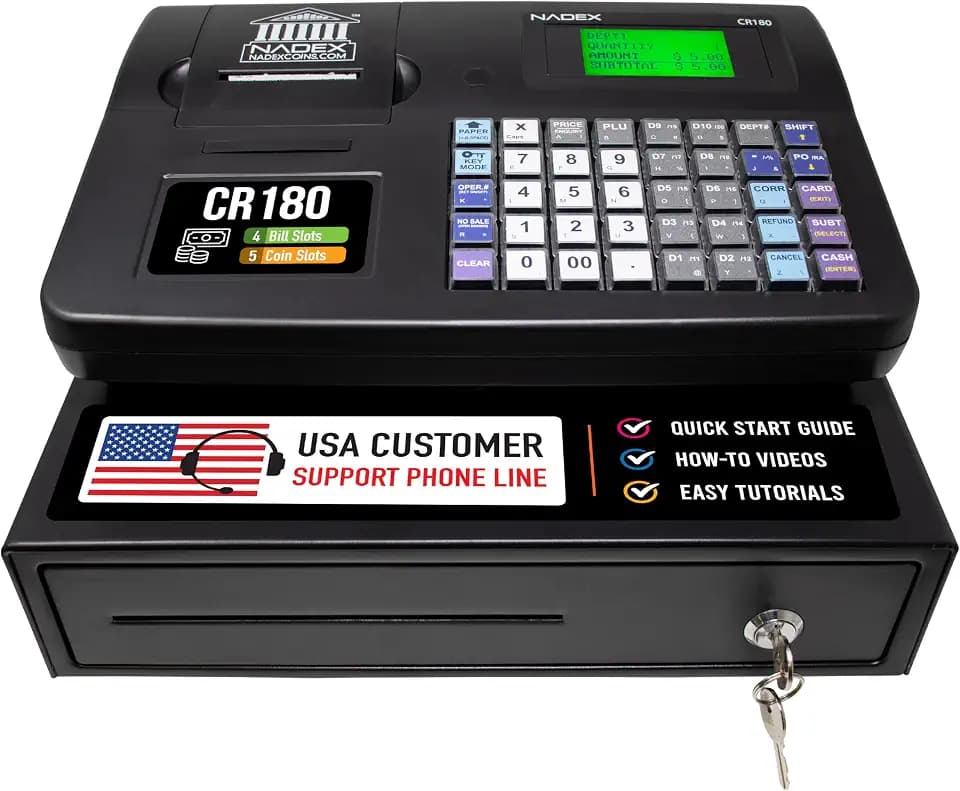 Nadex CR180 Electronic Cash Register, Steel Cash Drawer, Compact Design, Black
