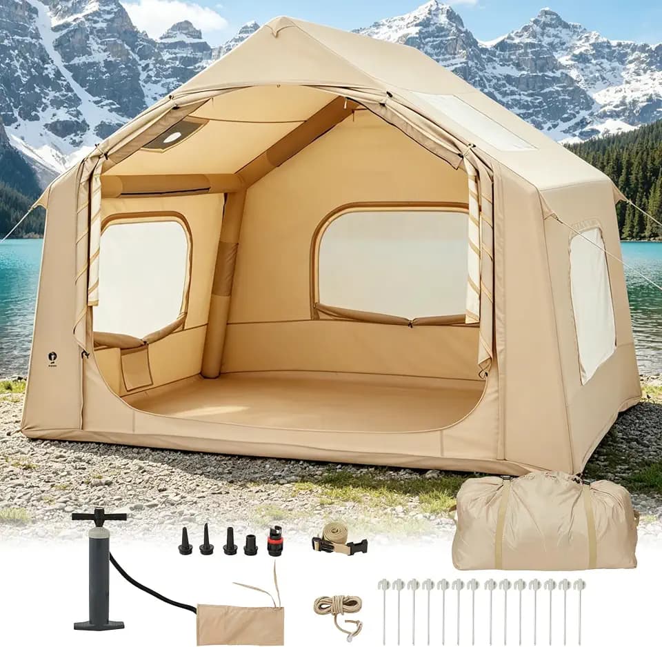 Inflatable Camping Tent for 3-5 Person, Quick Setup Blow Up Tent with Hand Pump, 210D Oxford Air Glamping Tents with Skylight & Stove Jack, 4 Season for Outdoor Camping, Beach, Hiking