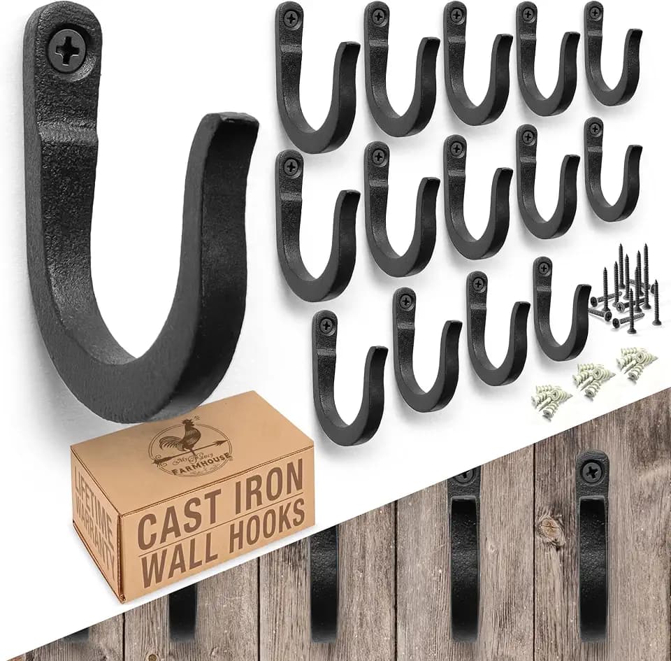 2 inch Railroad Spike Cast Iron Hooks (15 Pack) Blacksmith, Wall Mounted Farmhouse Decorative Hooks, PowderCoated for Interior or Exterior Use, Rust Proof for Hanging Coats, Bags or Pots (Black)