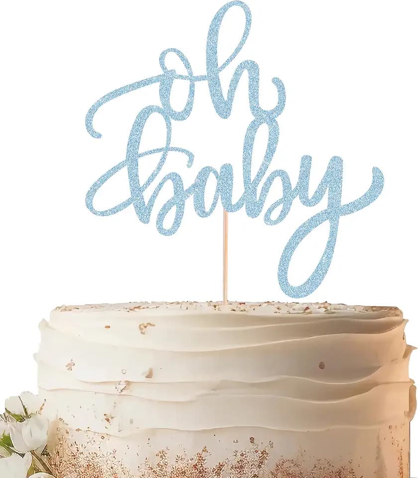 Oh Baby Cake Topper - Light Blue Glitter Baby Shower Cake Decorating Supplies for Boys or Girls, Baby Shower Cake Topper for Gender Reveal Baby Birthday Party Photo Booth Props