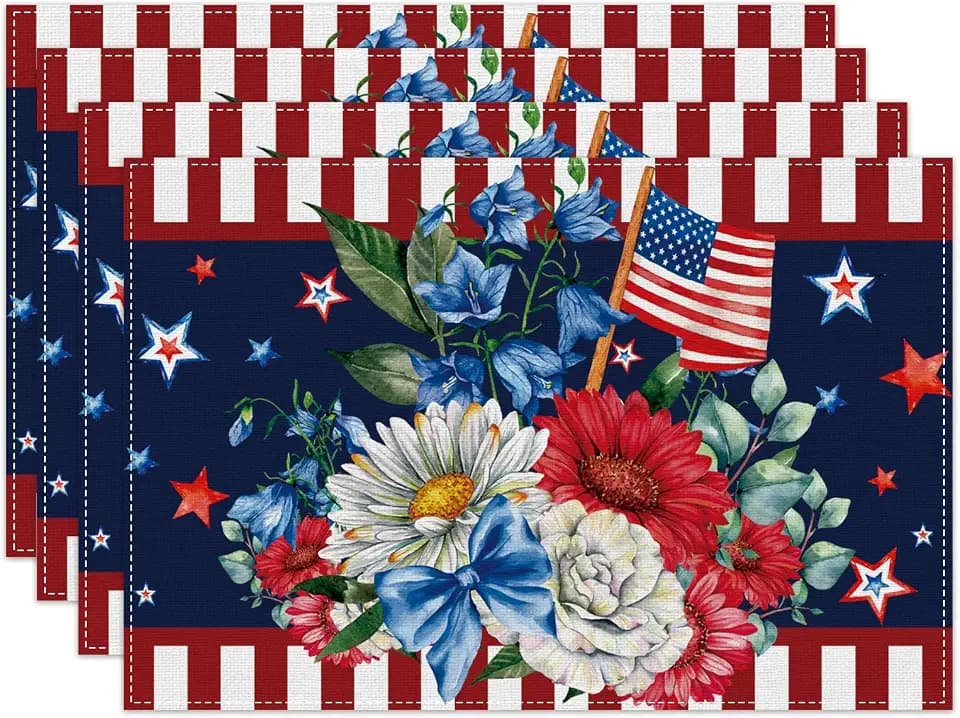 Watercolor Red White and Blue Poppies Stars Patriotic Placemats Set of 4 4th of July Memorial Day Veterans Day Patriotic Decoration and Supplies for Home 12x18 Inch