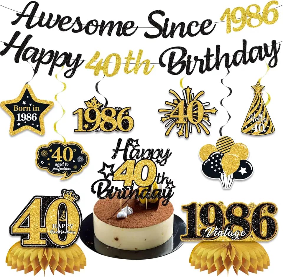 Black Gold Happy 40th Birthday Decorations for Men Women