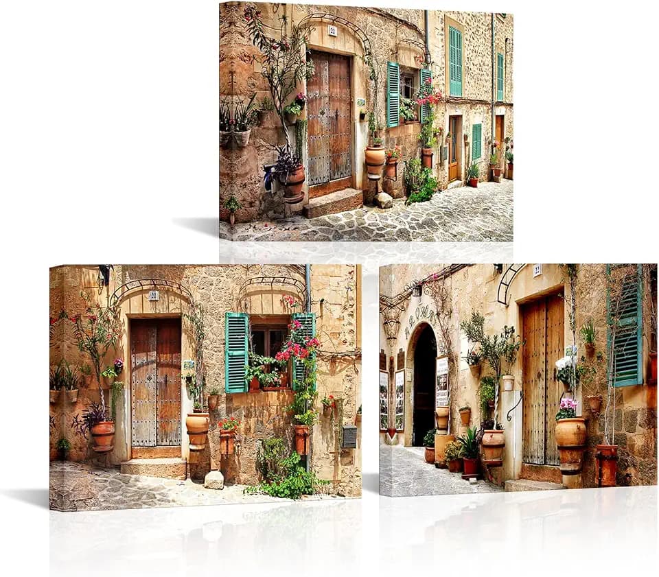 LyerArtork 3 Piece Italy Street Wall Art Canvas Prints Mediterranean Town Floral Architecture Landscape Photography Pictures for Italian Theme European Rustic Scenic for Living Room 12"x16"x3