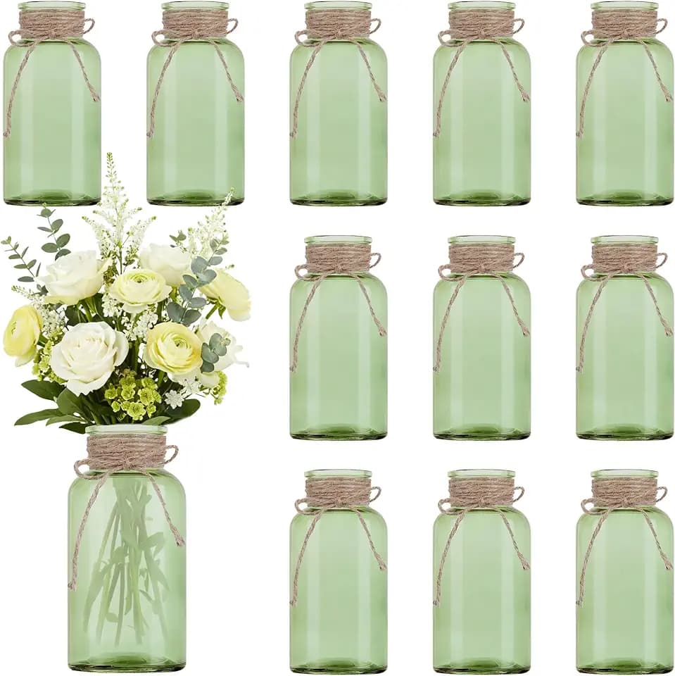 12 Pack Mason Jar Vases for Centerpieces, Green Glass Flower Vase